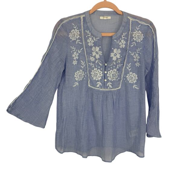 Maurices Sheer Crepe Embroidered Boho Tunic Size Medium Blue White Long Sleeve - Picture 1 of 10